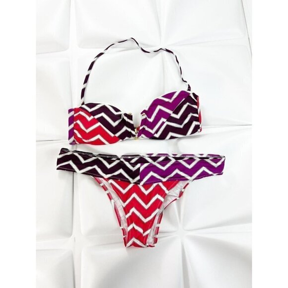 Charlie by Matthew Zink MZ Mixed Zag Rosa Halter Bandeau Bikini Set Sz Large - Picture 1 of 11